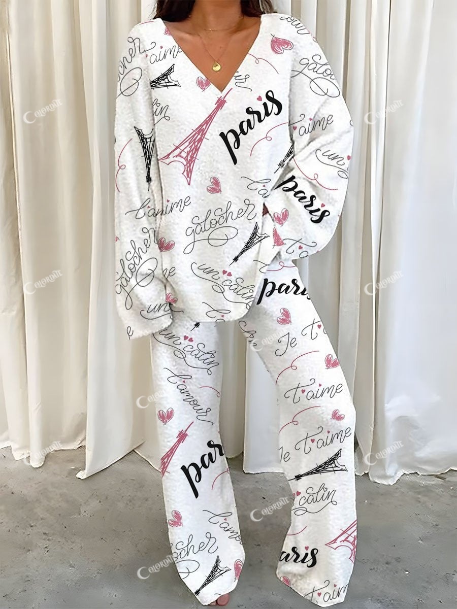 Women's Parisian Text Printed Fleece Suit