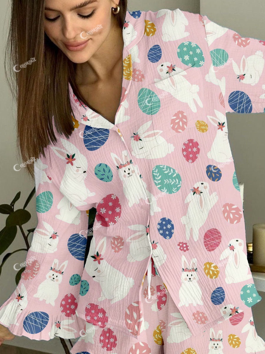 Women's Easter Bunny Egg Print Ruffled Loungewear Set