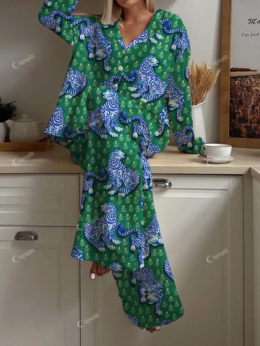 Women's Artistic Hand-Painted Leopard Pattern Long Sleeve Pants Set