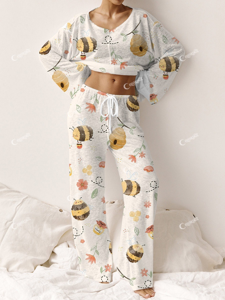 Women's Bee Pattern Round Neck Long Sleeve Pants Suit