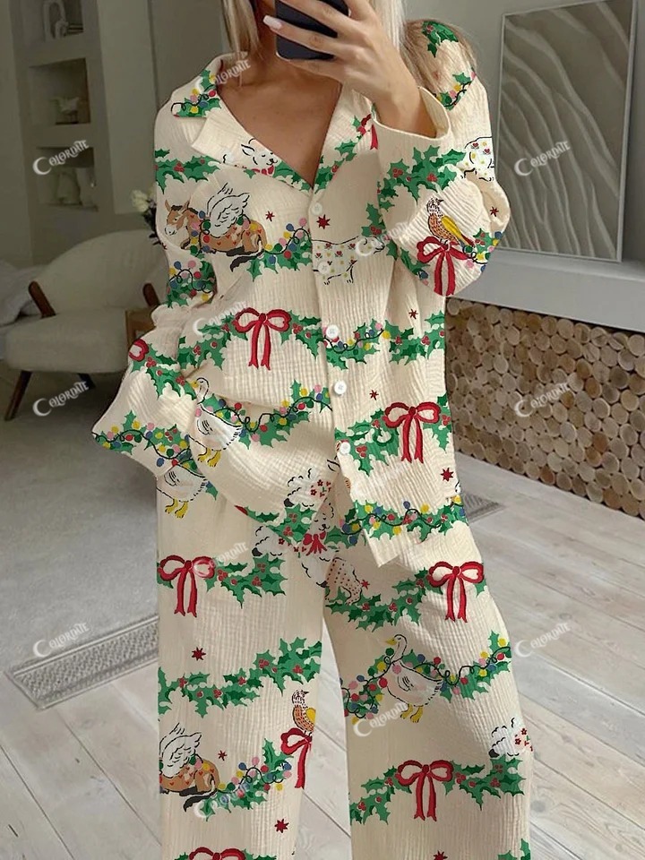 Women's Beige Christmas Cute Animal Fun Print Home Long Sleeve Suit