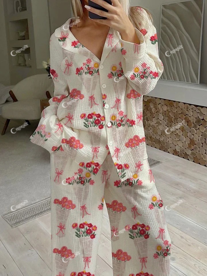 Women's Valentine's Day Cute Word Bouquet Lapel Pajama Set