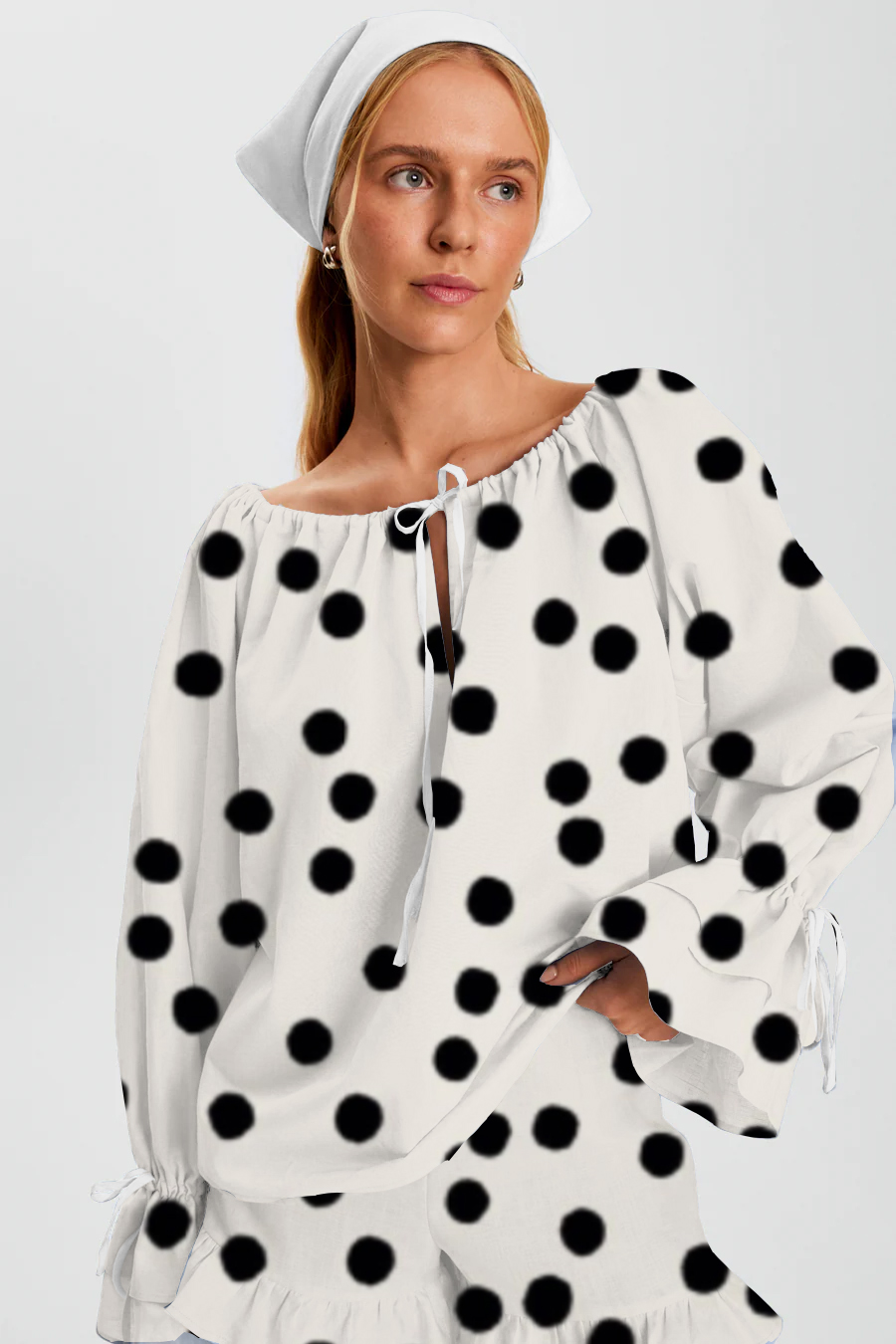 Black Polka Dots Printed Tie-Drawn Long Sleeve Ruffle Shorts Pajama Set