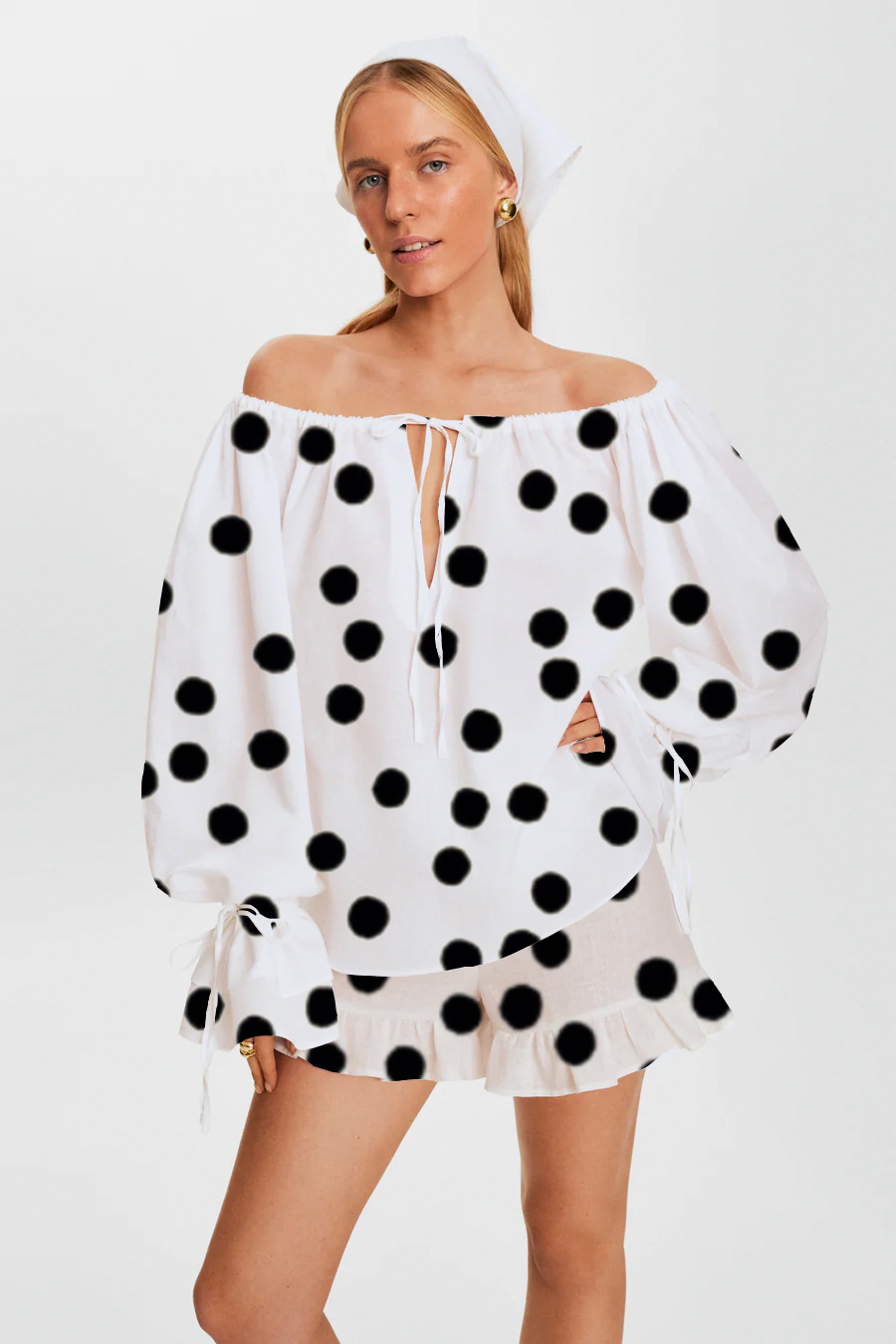 Black Polka Dots Printed Tie-Drawn Long Sleeve Ruffle Shorts Pajama Set