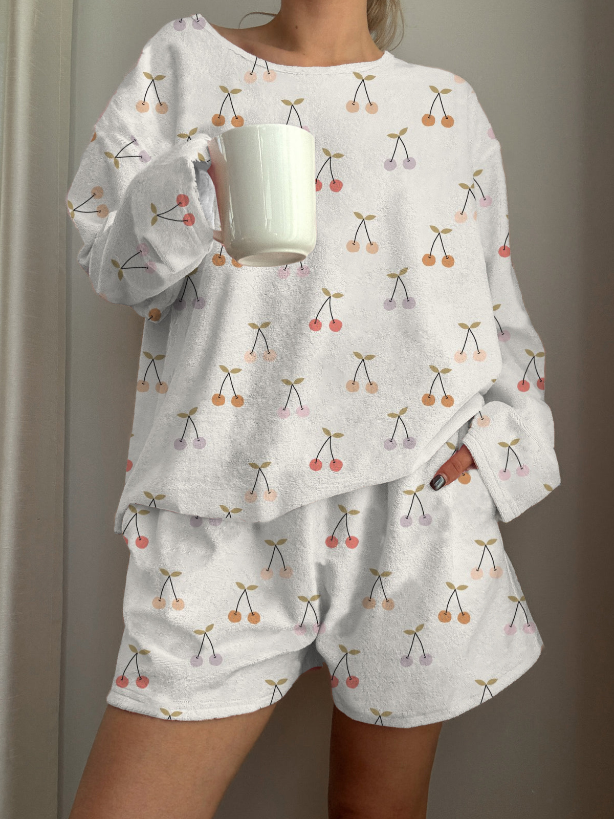 Colorful Cherry Printed Long-Sleeved Shorts Loungewear Set