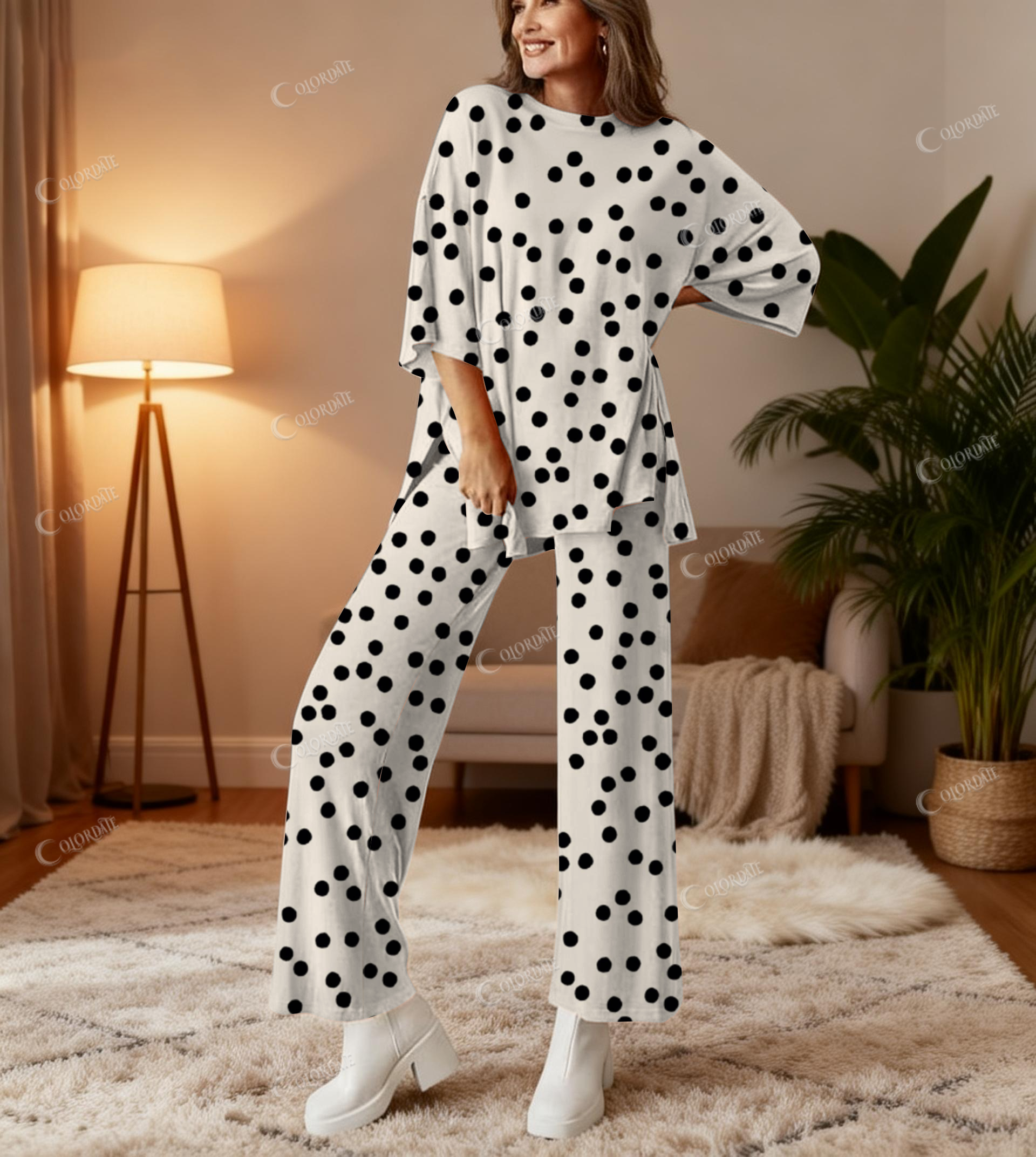 Black Polka Dots Print Bamboo-Soft Lounge Set Pants