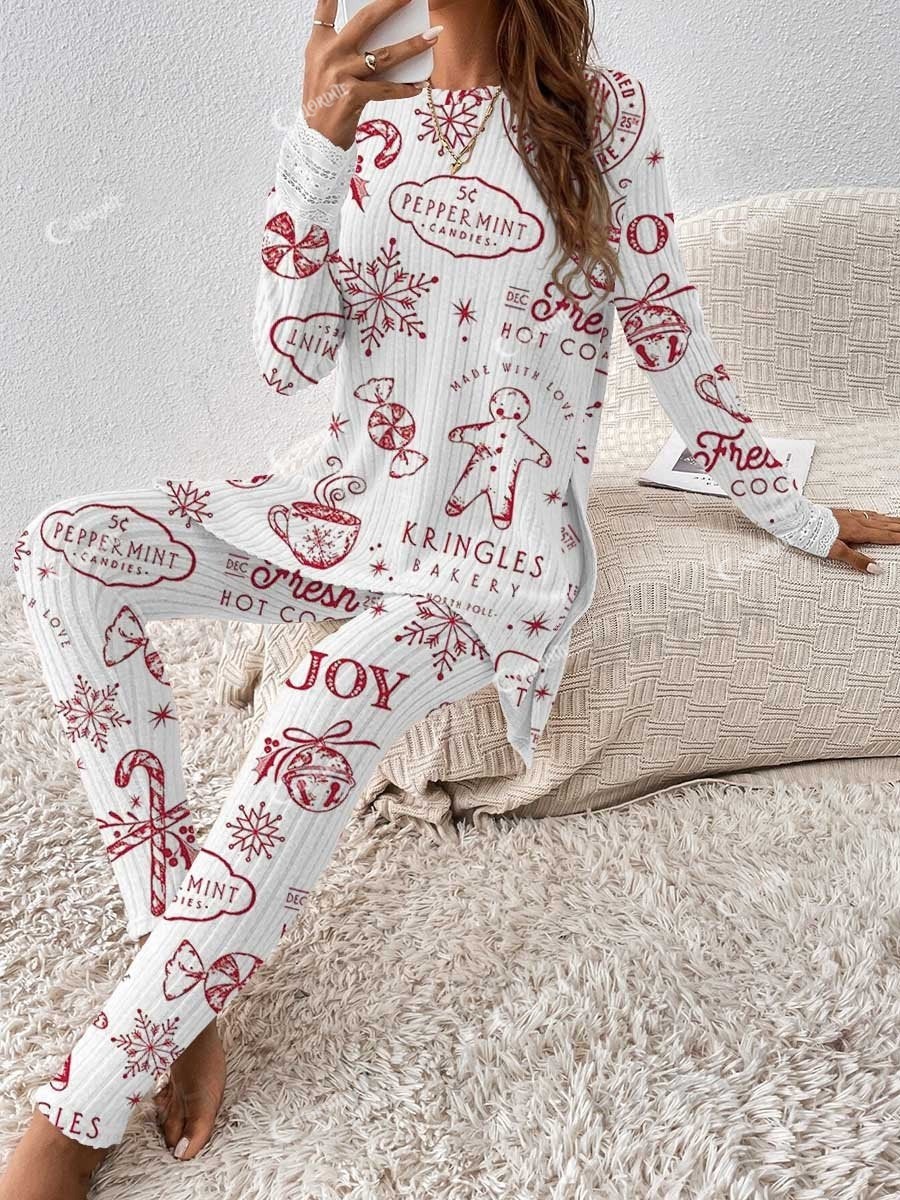Women's Retro Christmas Stripe Print Casual Homewear Set