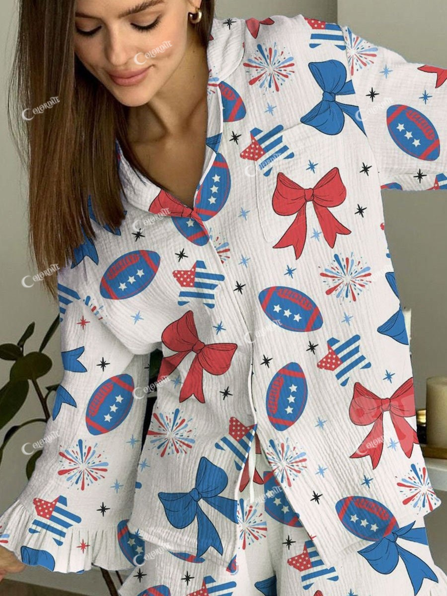 Women's Baseball Bow Hand-Painted Pattern Long Sleeve Pants Suit