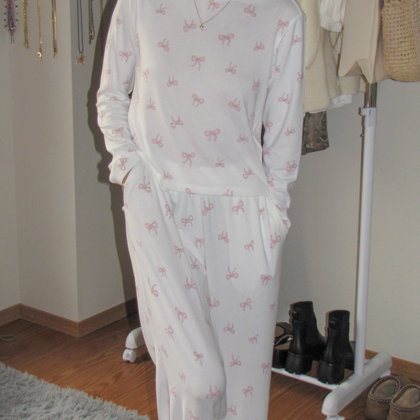 Women's Pink Bow Print Cotton Cardigan Homewear Set