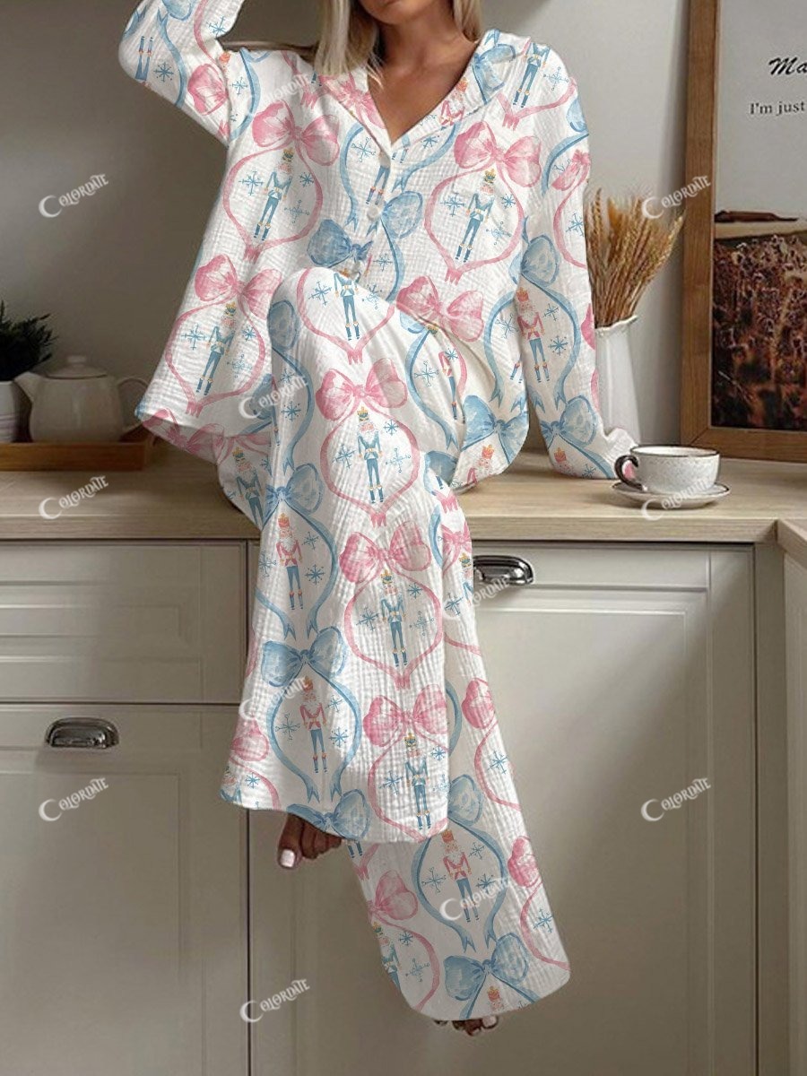 Women's Christmas Bow Soldier Print Loose Homewear Set