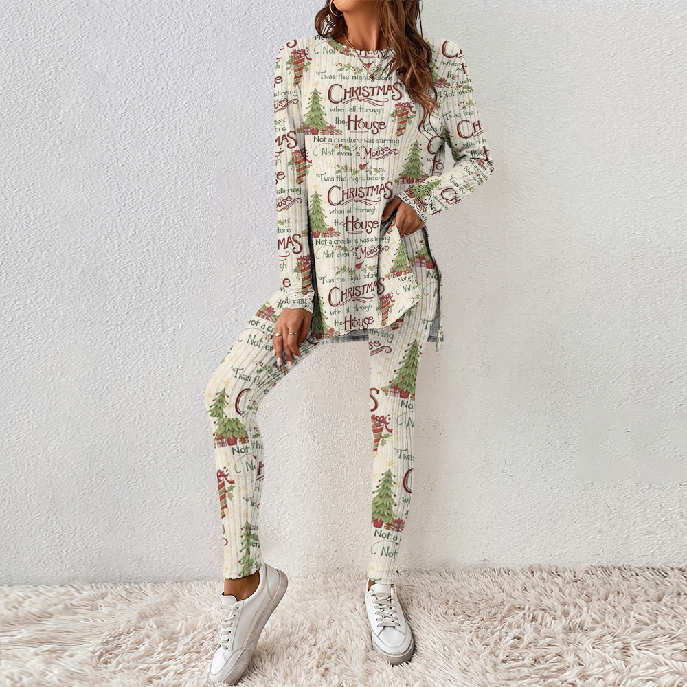 Women's Christmas Retro Pattern Round Neck Long Sleeve Pants Suit