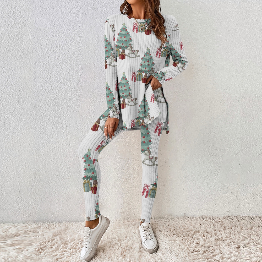 Women's Christmas Tree Gift Pattern Long Sleeve Pants Set