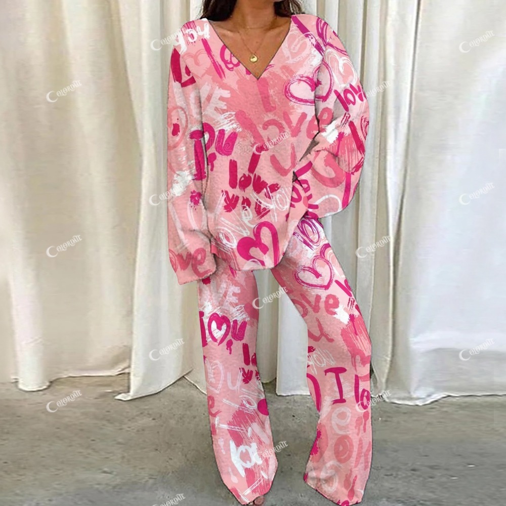 Pink Love Heart Letter Loungewear Set For Women