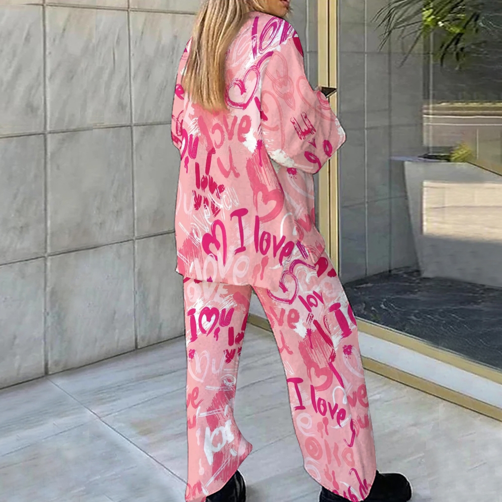 Pink Love Heart Letter Loungewear Set For Women