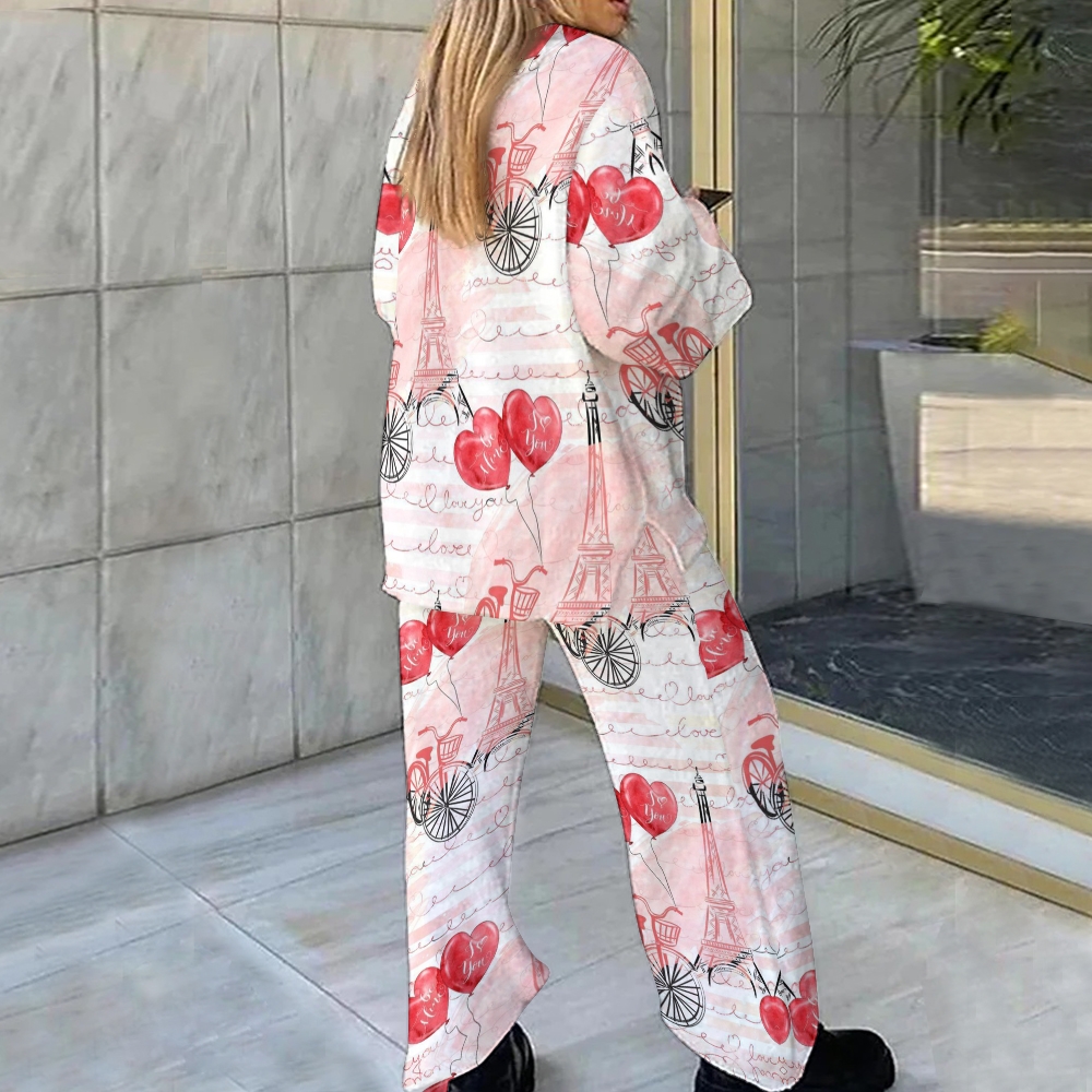Valentine's Day Pink Eiffel Tower Letter Loungewear Set For Women