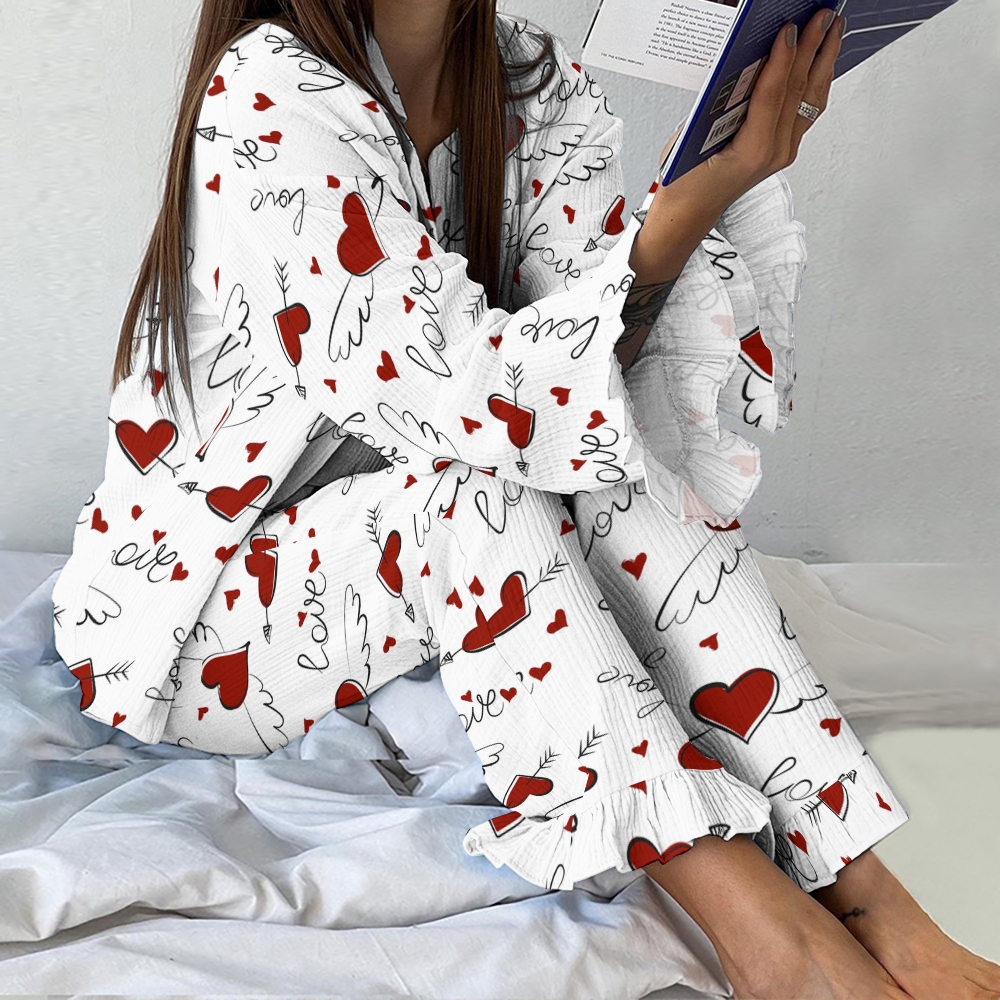 Women's Valentine's Day Romantic Love Angel Wings Pattern Ruffled Long Sleeve Pants Set