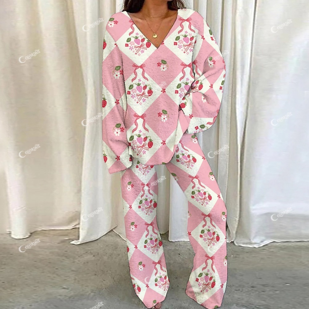 Pink Plaid Strawberry Bow Loungewear Set For Women
