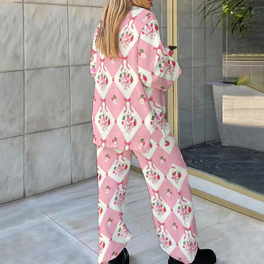 Pink Plaid Strawberry Bow Loungewear Set For Women