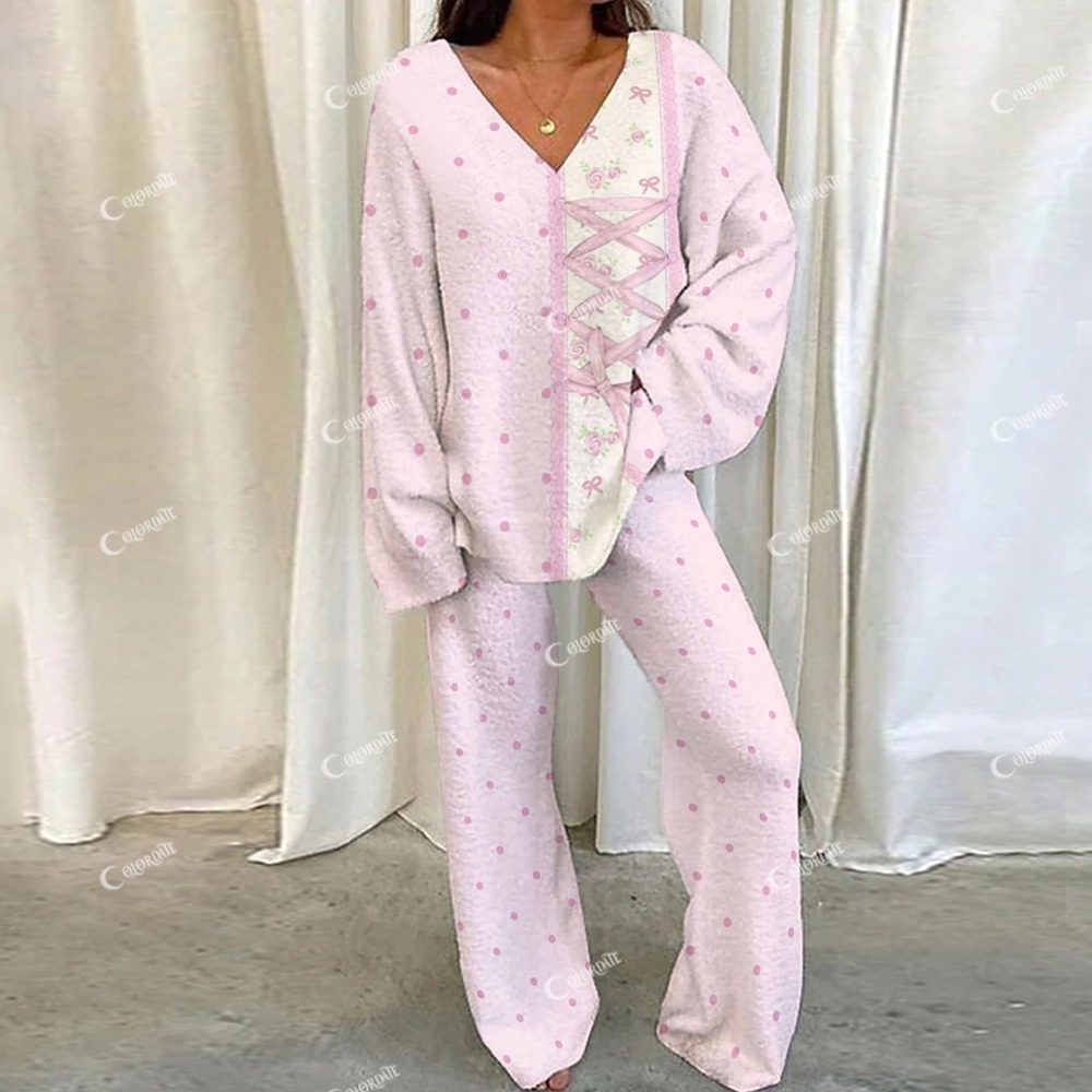 Pink Bow Flower Polka Dot Loungewear Set For Women