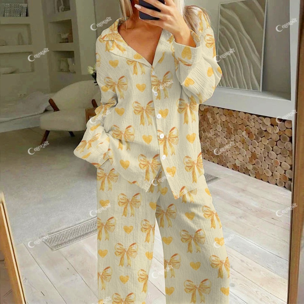 Women's Yellow Bow Love Print Cotton Cardigan Homewear Set