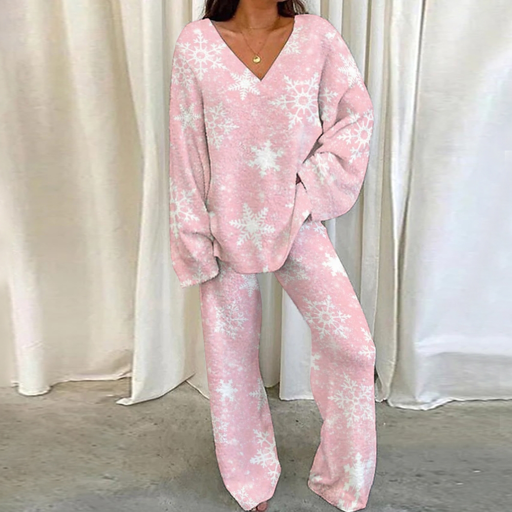 Women's Pink Snowflake Print Casual Loose Pajama Set