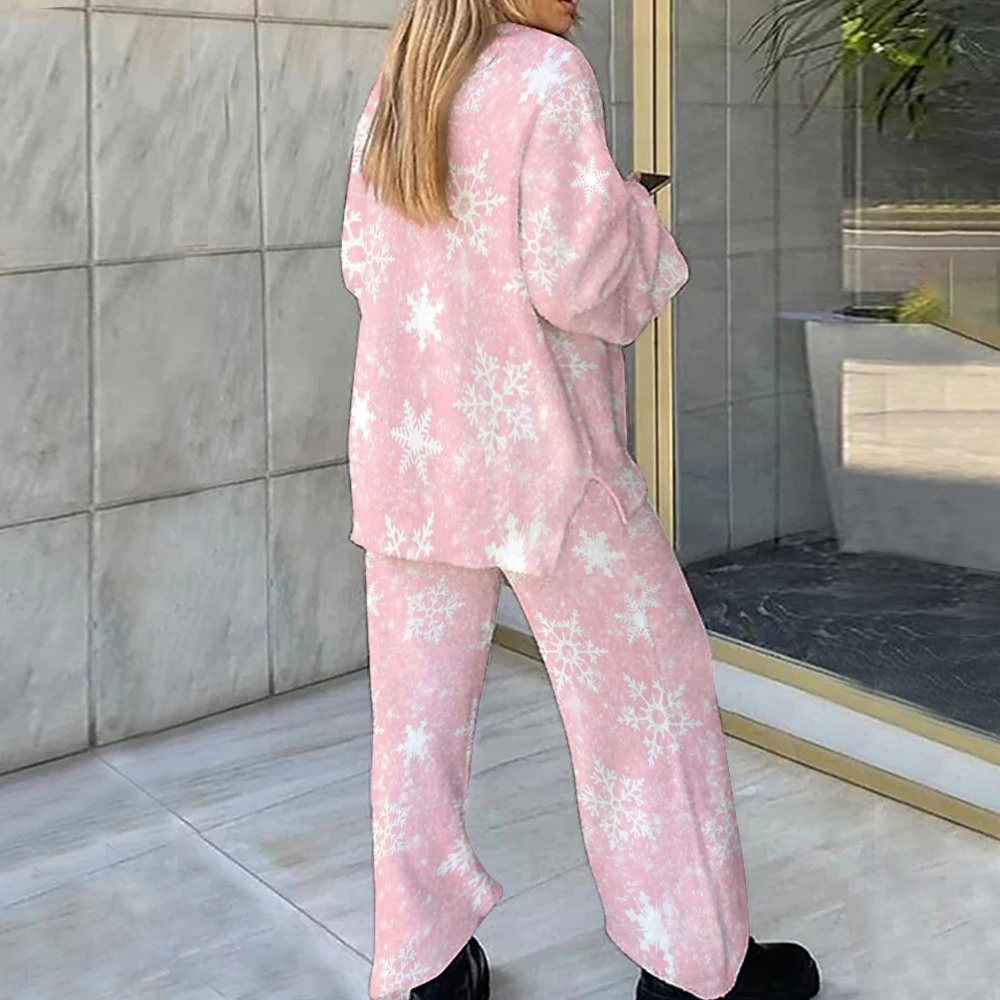 Women's Pink Snowflake Print Casual Loose Pajama Set