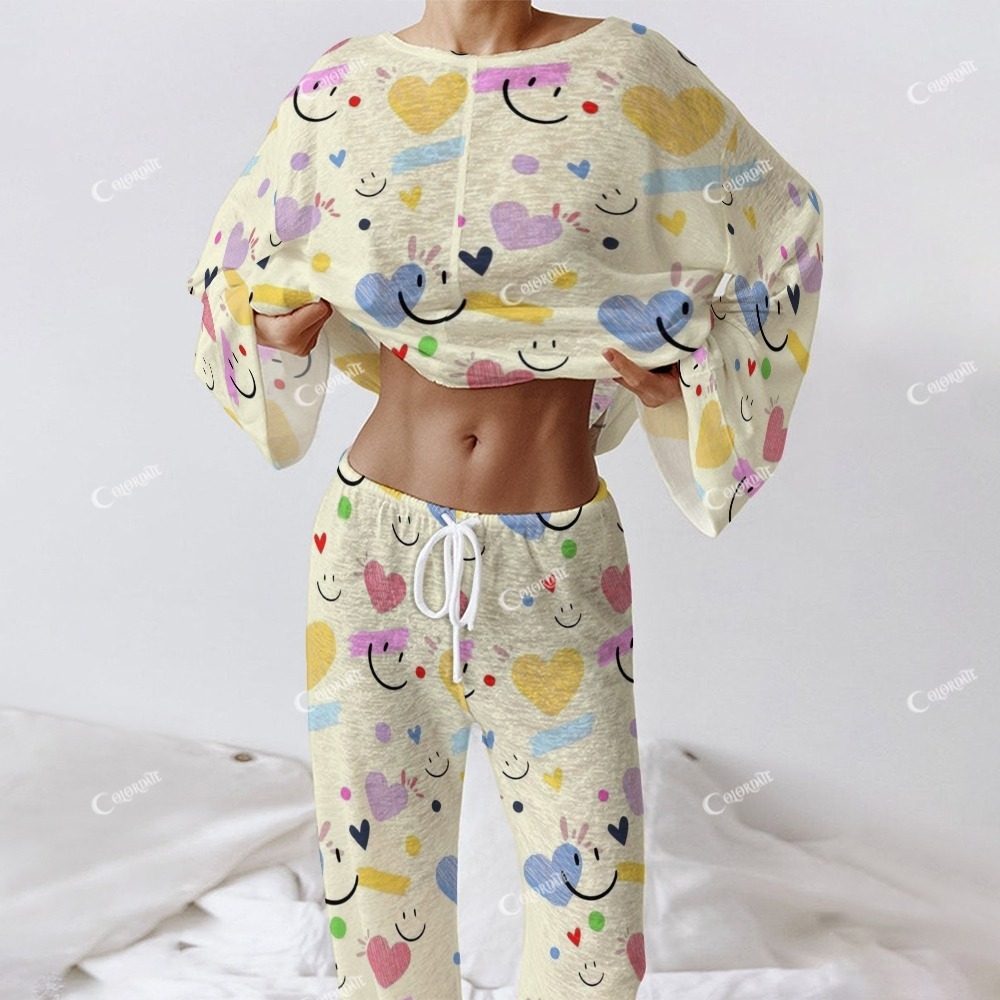 Women's Fun Colorful Heart Smiley Print Long Sleeve Cotton Homewear Set