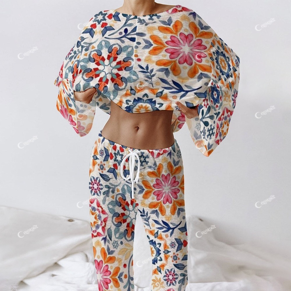 Women's Retro Ethnic Pattern Print Long Sleeve Cotton Homewear Set