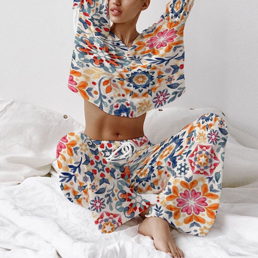 Women's Retro Ethnic Pattern Print Long Sleeve Cotton Homewear Set