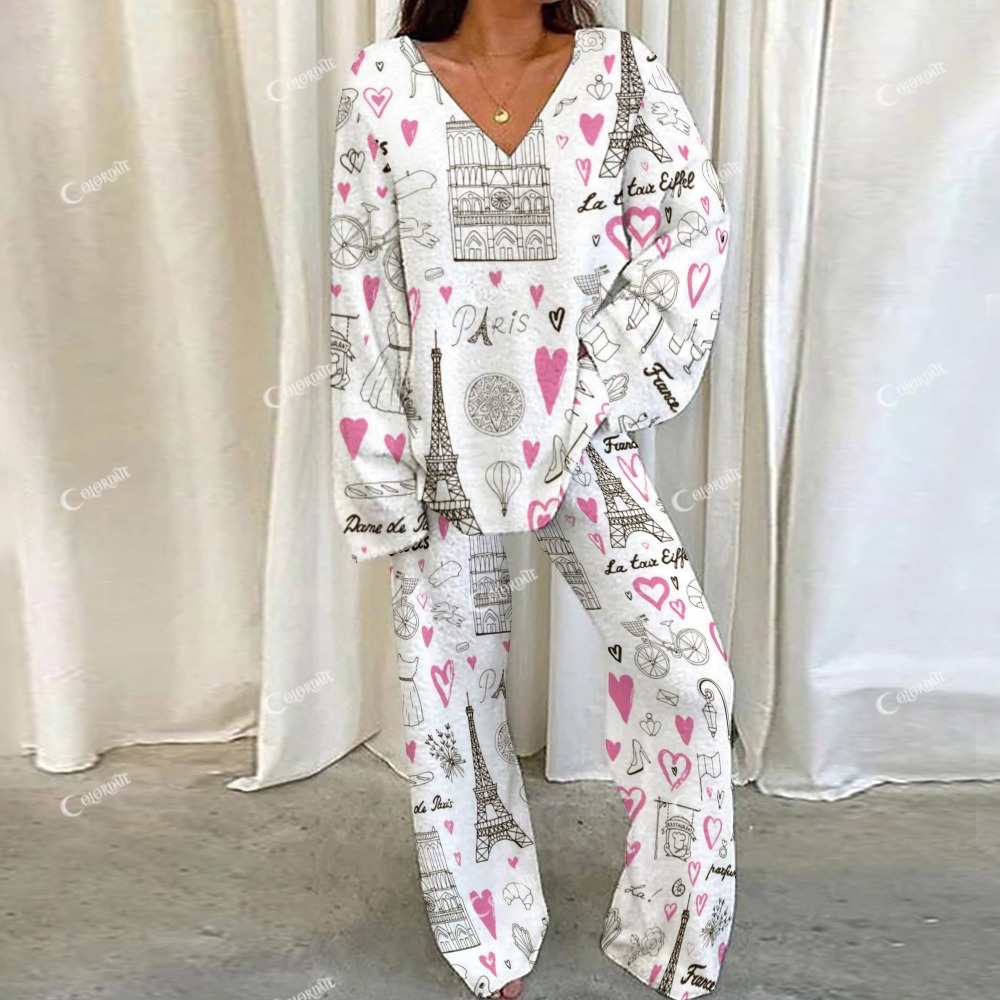 Casual Eiffel Tower Love Letter Loungewear Set For Women