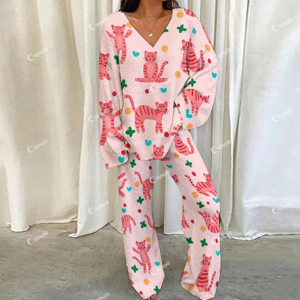 Pink Casual Cartoon Cat Print Loungewear Set For Women