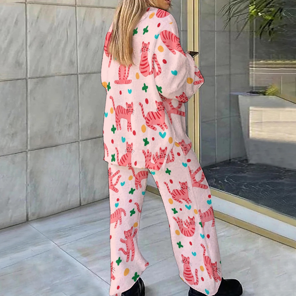 Pink Casual Cartoon Cat Print Loungewear Set For Women