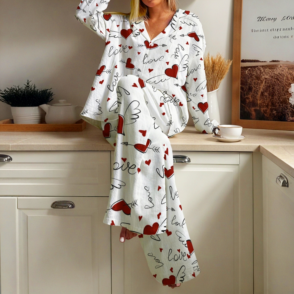 Women's Valentine's Day Love Letter Print Cotton Cardigan Homewear Set