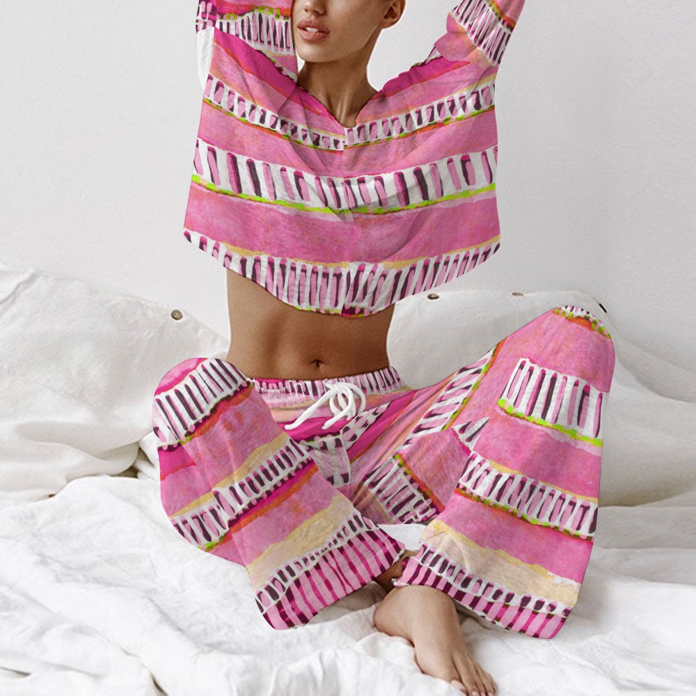 Women's Striped Colorblock Art Long Sleeve Cotton Homewear Set