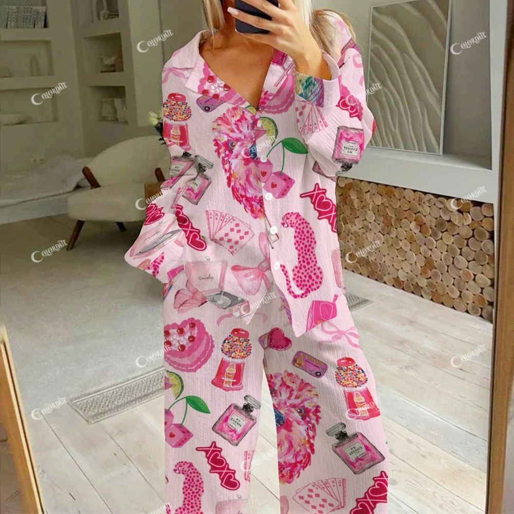 Women's Pink Fun Print Cotton Cardigan Homewear Set