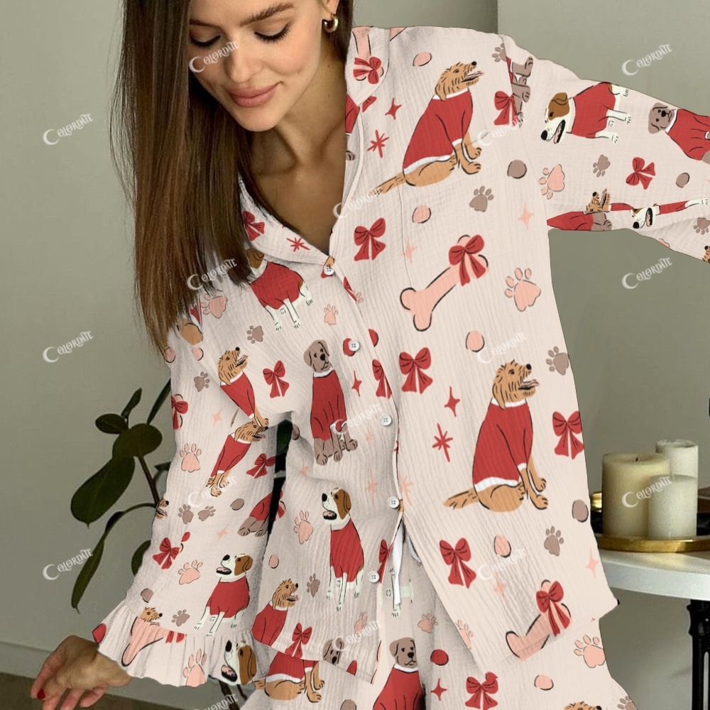 Women's Vintage Cartoon Dog Bow Printed Linen Cotton Suit