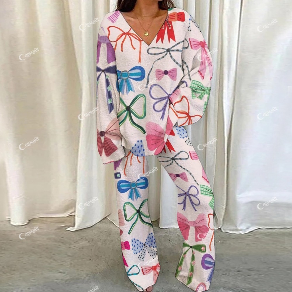 Casual Colorful Bow Loungewear Set For Women