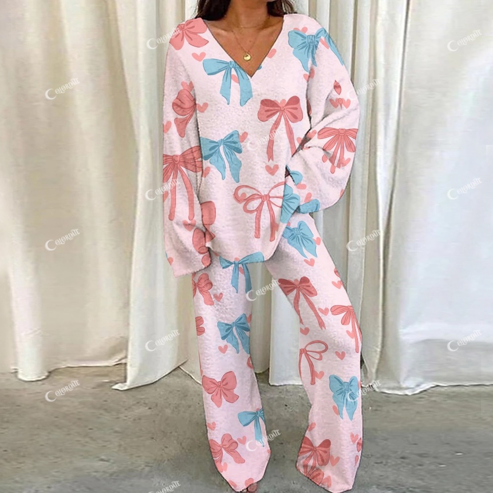 Bow Love Colorblock Print Loungewear Set For Women