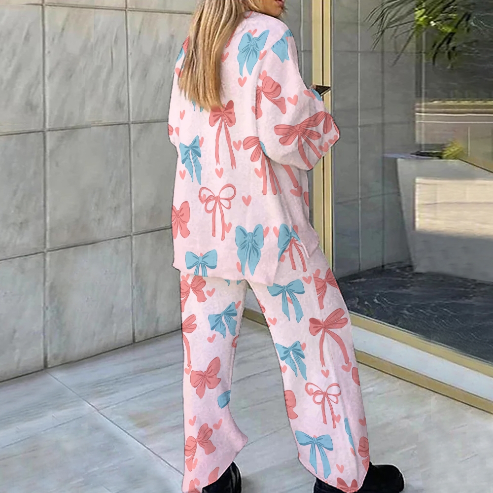Bow Love Colorblock Print Loungewear Set For Women