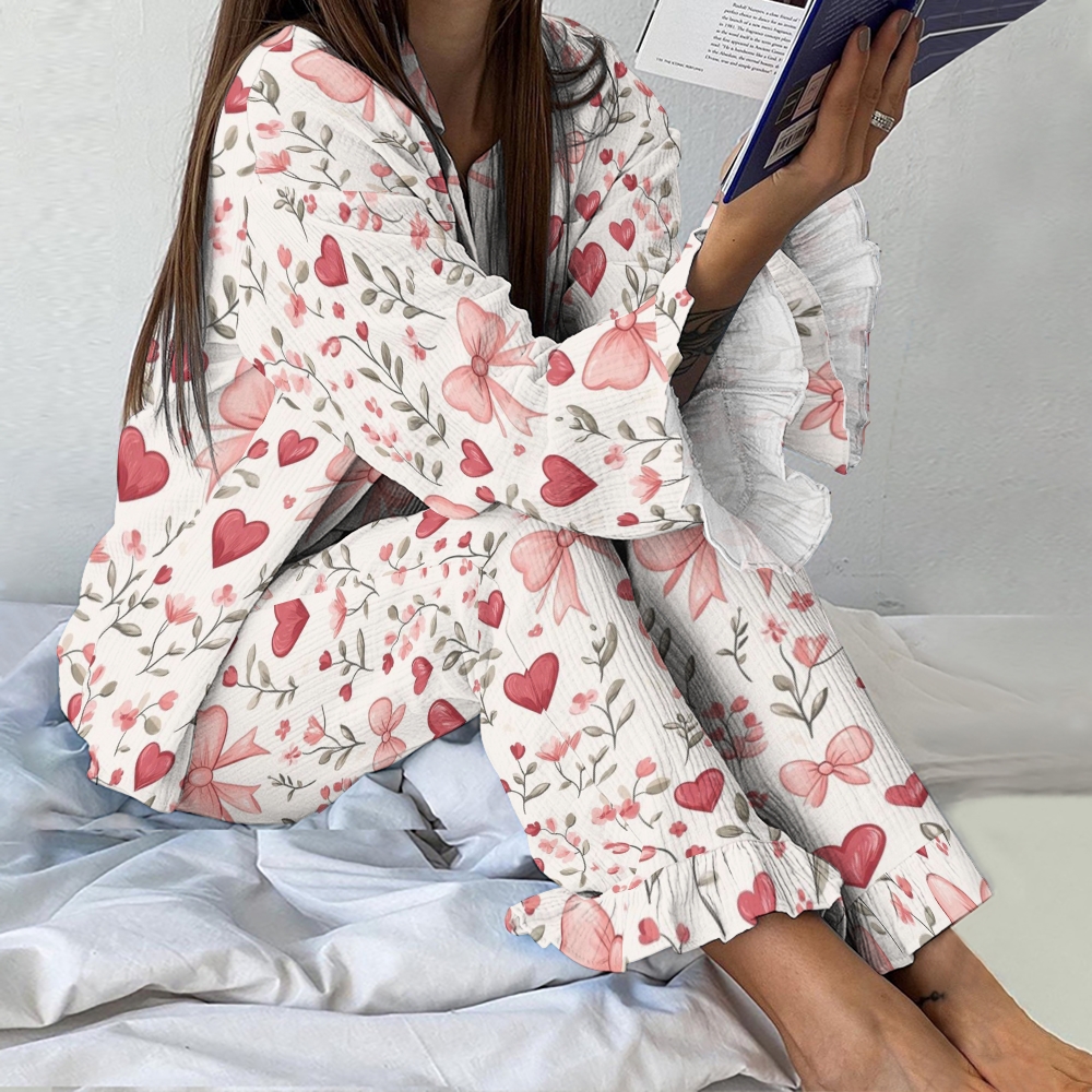 Women's Vintage Bow Love Flower Printed Linen Cotton Suit