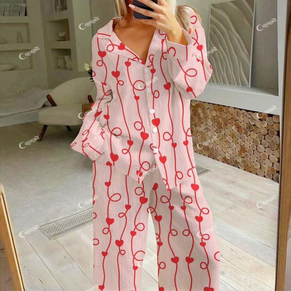 Women's Casual Valentine's Day Love Print Cotton Cardigan Homewear Set
