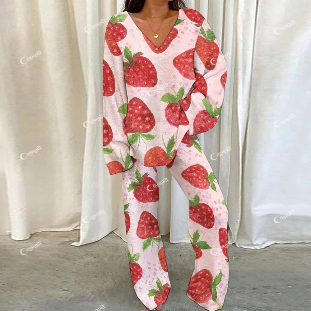 Pink Strawberry Polka Dot Loungewear Set For Women