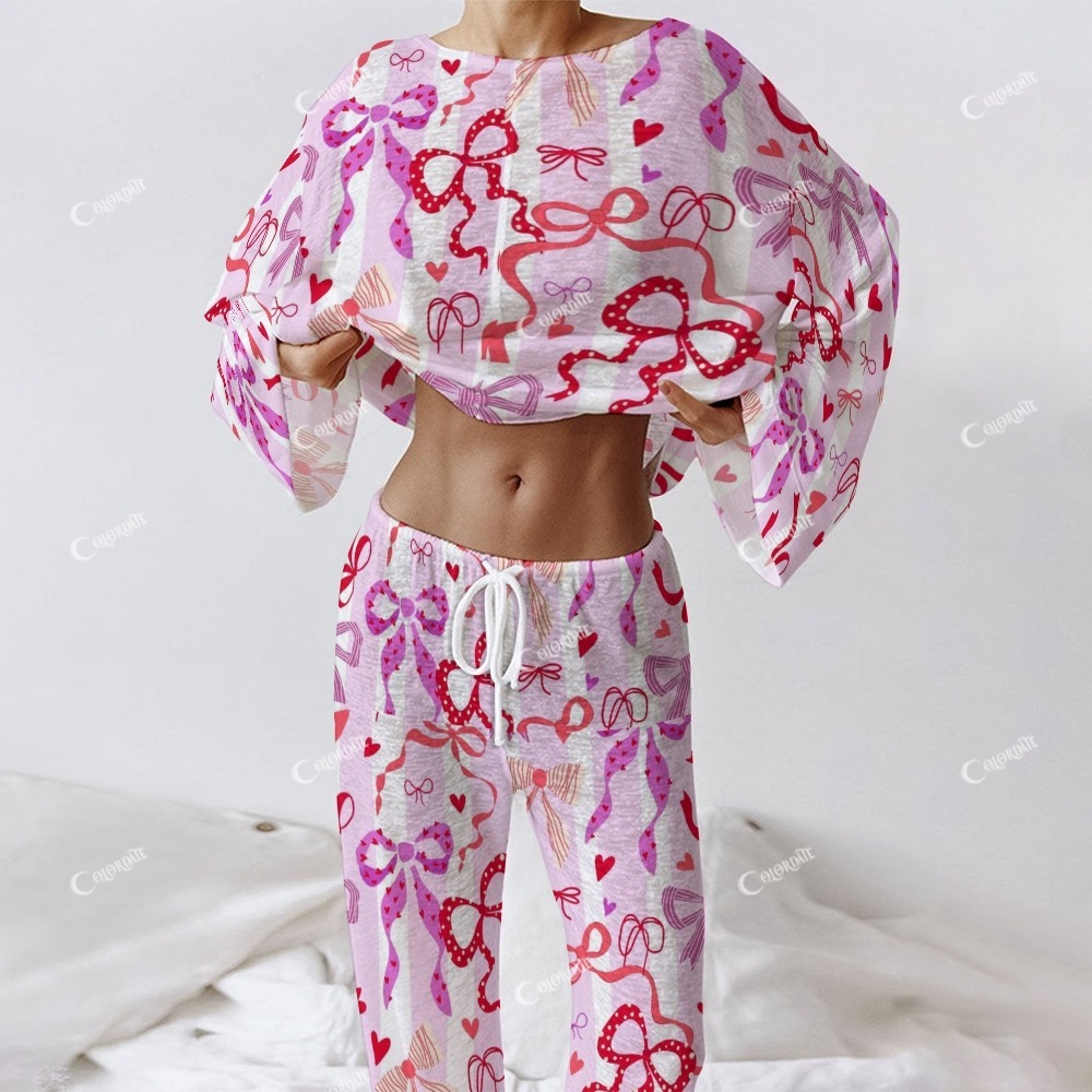 Women's Bow Colorblock Long Sleeve Cotton Homewear Set