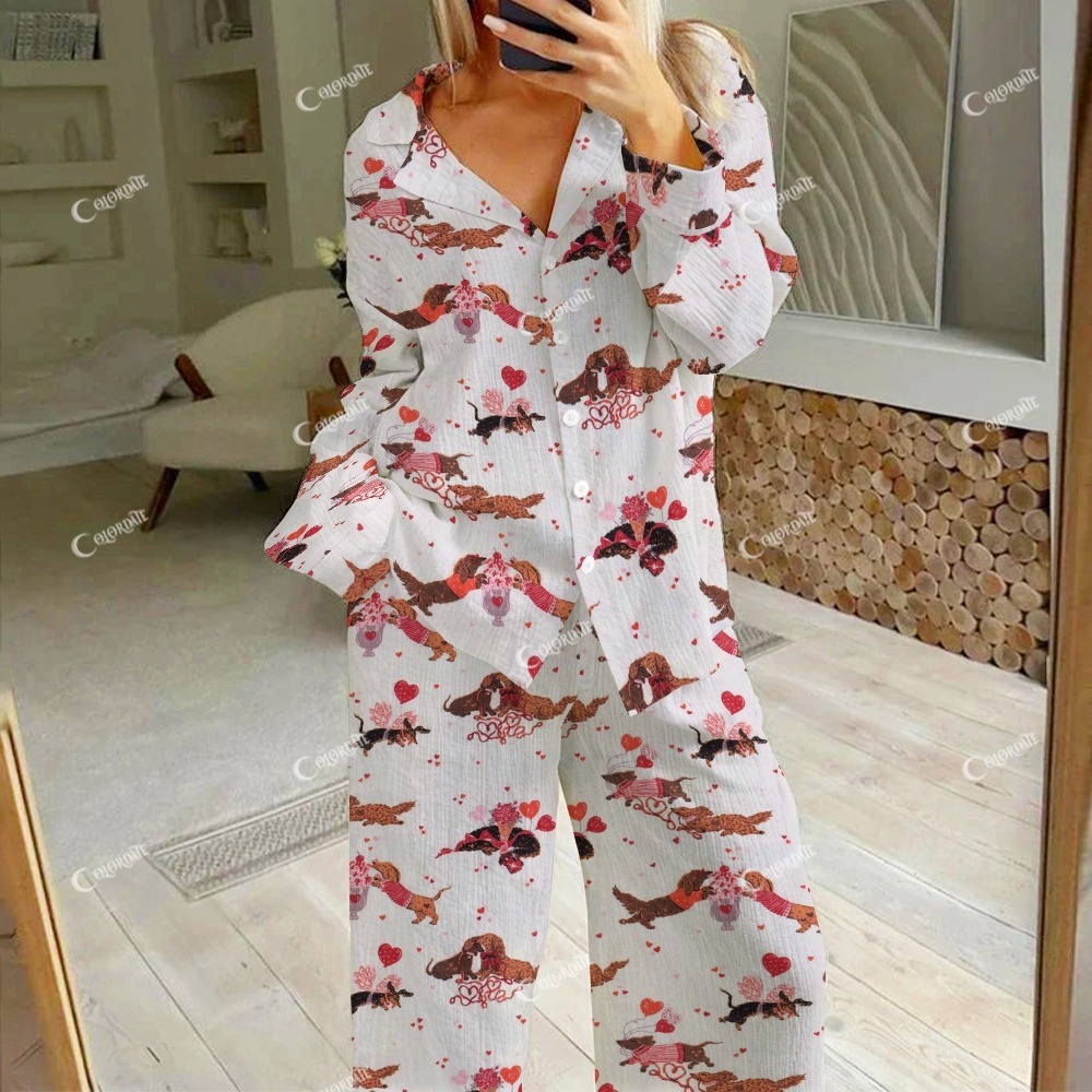Women's Valentine's Day Dog Fun Print Cotton Cardigan Homewear Set