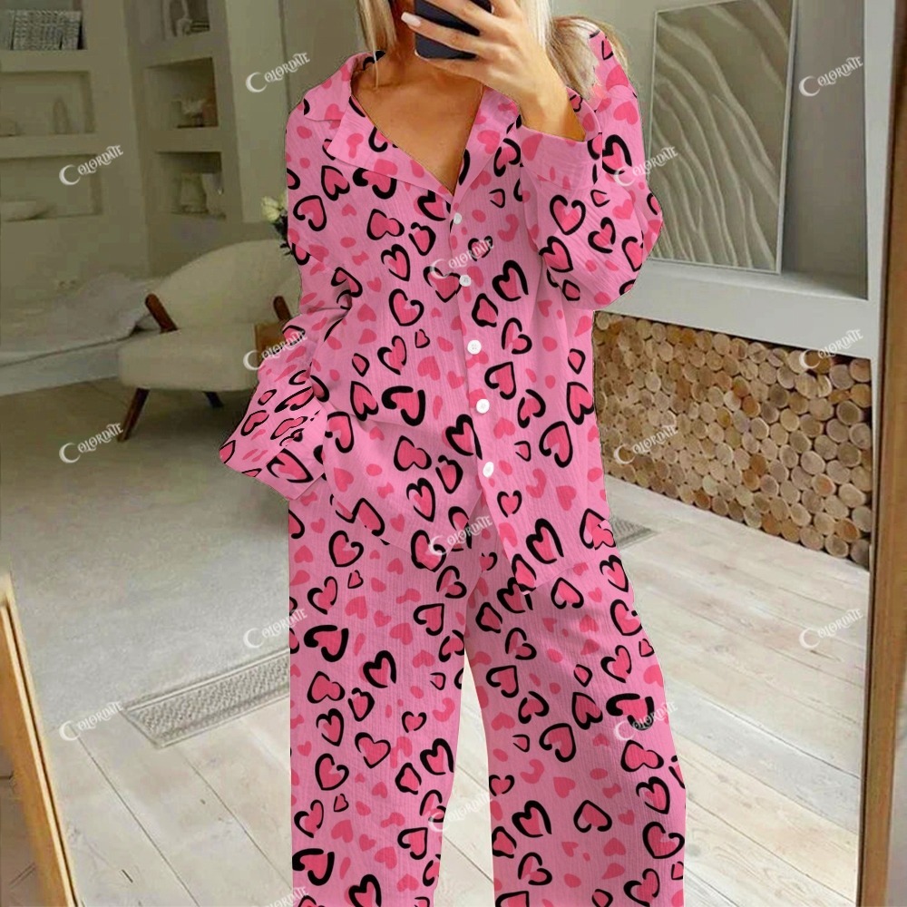 Women's Valentine's Day Pink Heart Leopard Print Cotton Cardigan Homewear Set