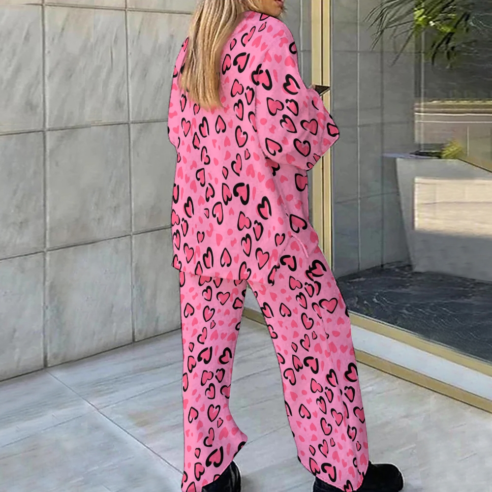 Valentine's Day Pink Heart Leopard Loungewear Set For Women