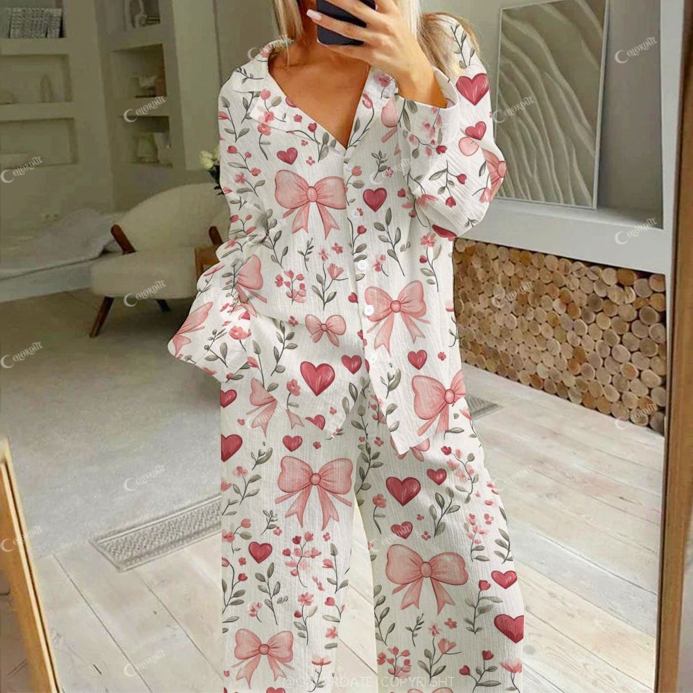 Women's Valentine's Day Flower Bow Heart Colorblock Print Cotton Cardigan Homewear Set