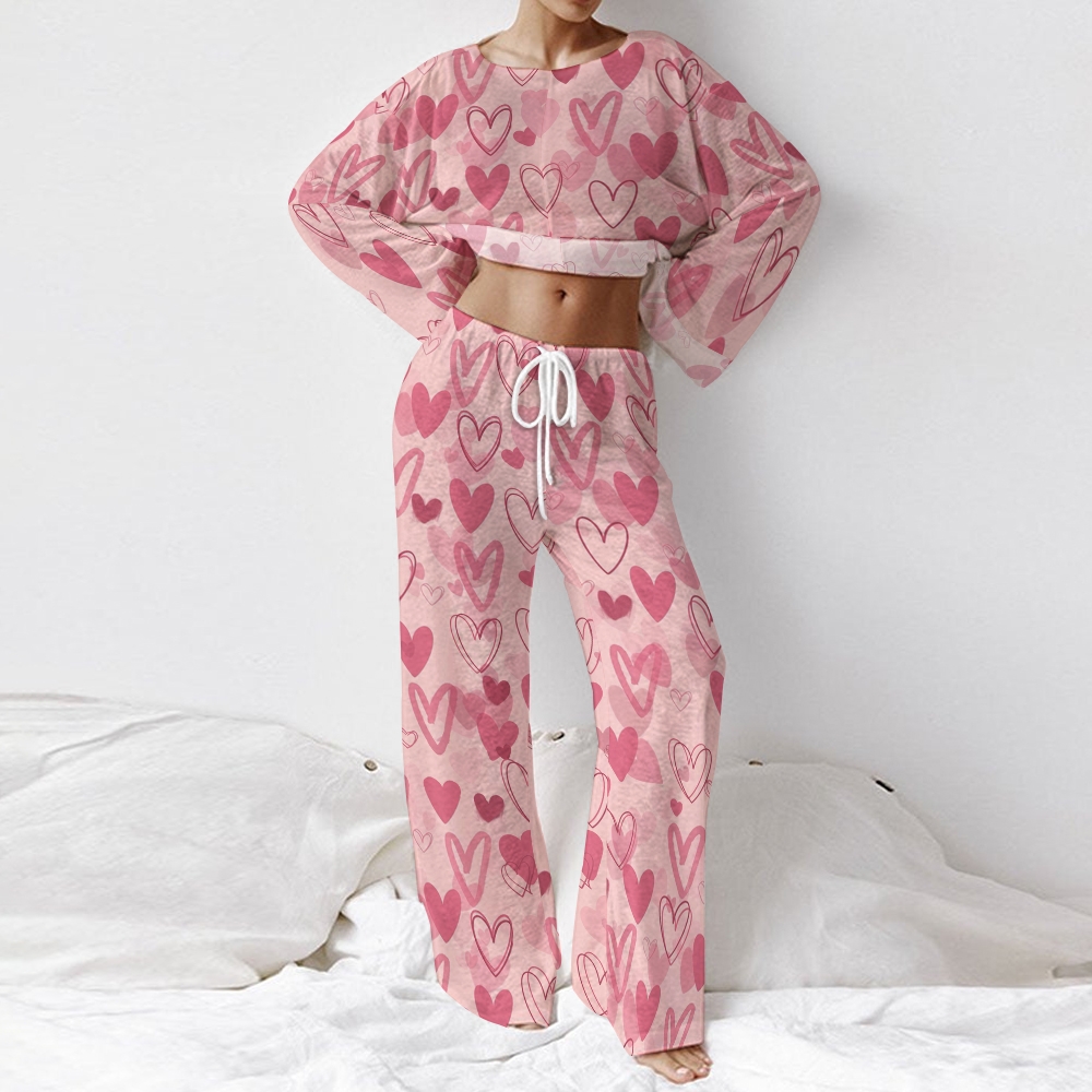 Women's Valentine's Day Gradient Pink Heart Long Sleeve Cotton Homewear Set