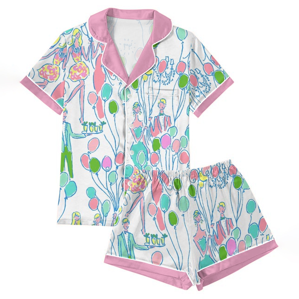 Women's Pink Valentine's Day Art Painting Printed Home Short Sleeve Suit