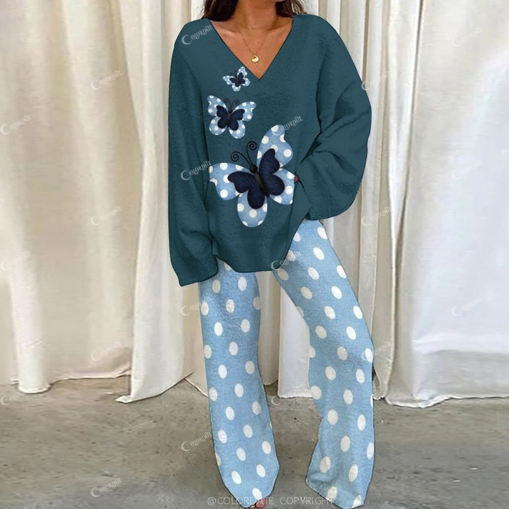 Retro Color Block Butterfly Polka Dot Loungewear Set For Women